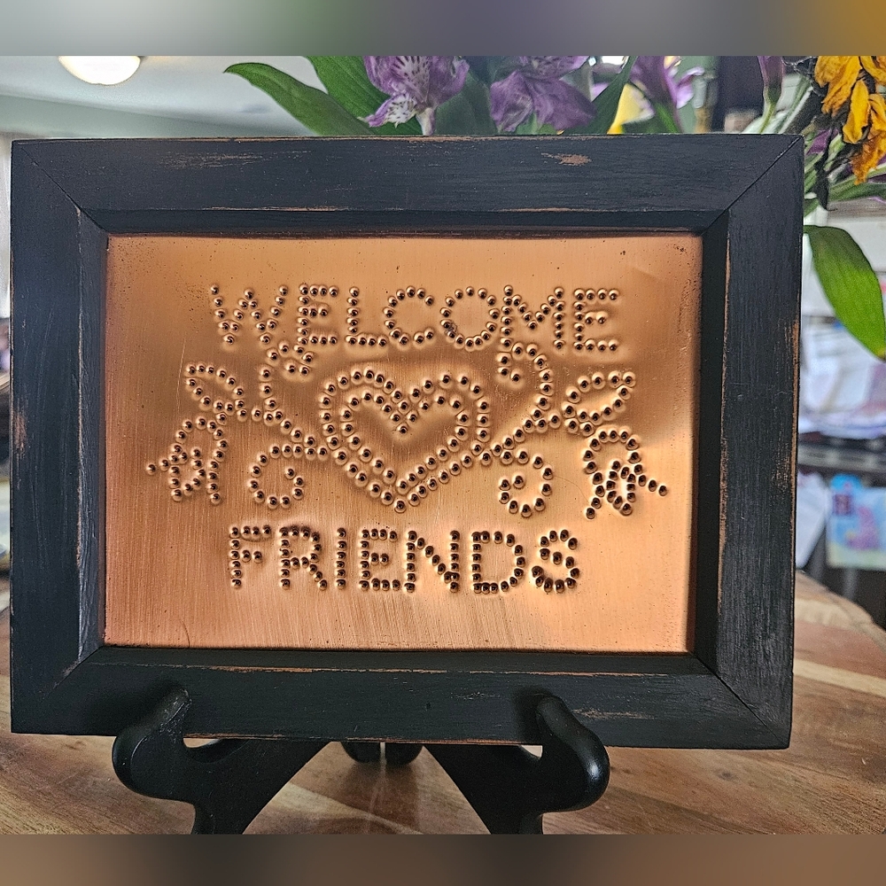 Vintage Handmade Copper Punch Art Welcome Friends Sign
